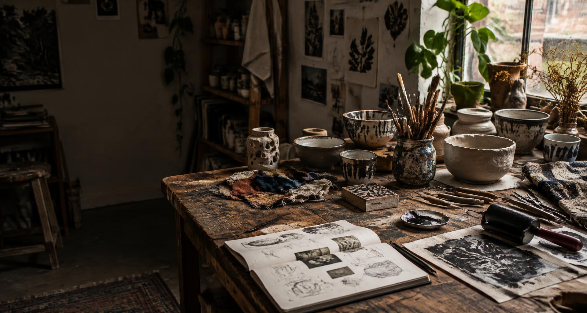 A creative studio worktable with ceramics, brushes, printmaking paper, and sketchbooks